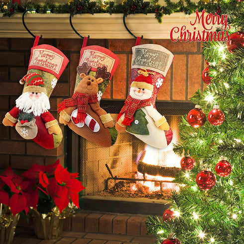 COOLWUFAN Christmas Stockings, 3 Pack 19" Personalized Xmas Stockings with 3D Snowflake Santa, Snowman, Reindeer for Family Holiday Christmas Party Decorations