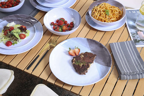Melamine Plates and Bowls Set - 12pcs Dinnerware Sets for 4, Dinner Plates for Indoor and Outdoor Use, Break-resistant, Grey & White