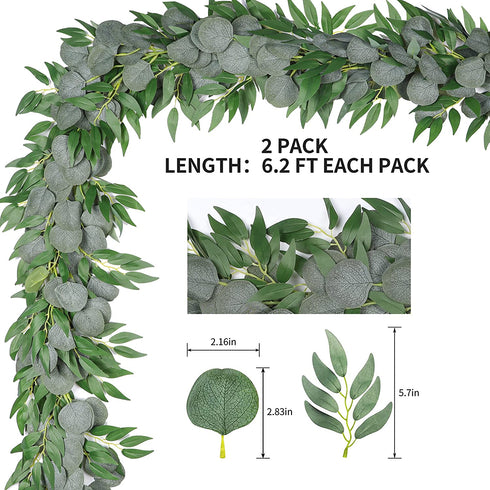 Der Rose 2 Packs 6.2 Feet Artificial Silver Dollar Eucalyptus Leaves Garland with Willow Vines Twigs Leaves String for Doorways Greenery Garland Table Runner Garland Indoor Outdoor.