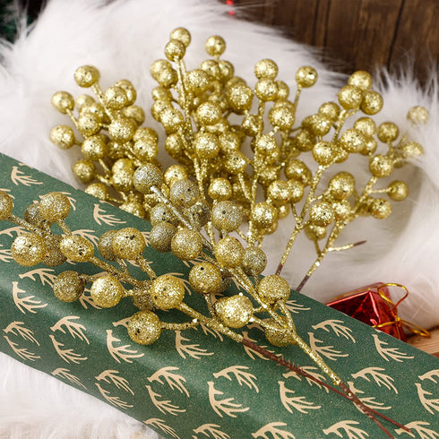 winemana 24 Pack 8 Inch Christmas Glitter Faux Winter Berry Sprigs, Artificial Sparking Red Berries Ornaments for Christmas Tree DIY Crafts Wreath Garland Decor (Gold)