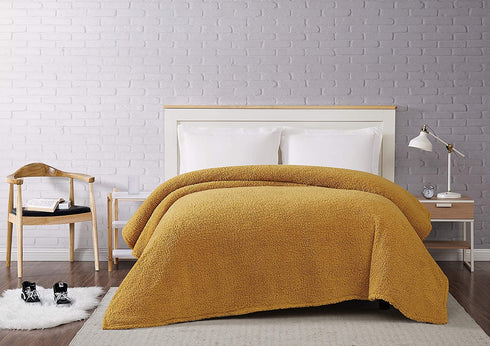Brooklyn Loom Marshmallow Sherpa Bed Blanket, Full/Queen, Mustard