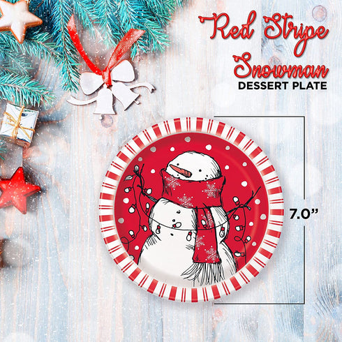 Unique Red Stripes Snowman Dinnerware Party Bundle | Dinner & Dessert Plates, Large & Small Napkins | Candy Cane Paper Disposable Kids Christmas Holiday Dessert Dinner Set