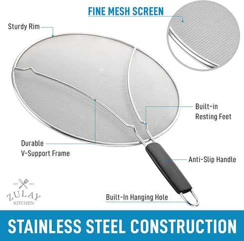 Splatter Screen for Frying Pan - Stops Almost 100% of Hot Oil Splash - X Large 15.5" Stainless Steel Grease Guard Shield and Catcher- Keeps Stove and Pans Clean & Prevents Burns When Cooking by Zulay