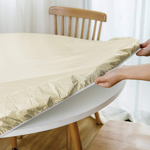 NLMUVW Round Fitted Vinyl Tablecloth with Elastic Edge 100% Waterproof Oil Proof PVC Table Cloth Wipe Clean Table Cover for Indoor and Outdoor, Champagne, 45"- 56"