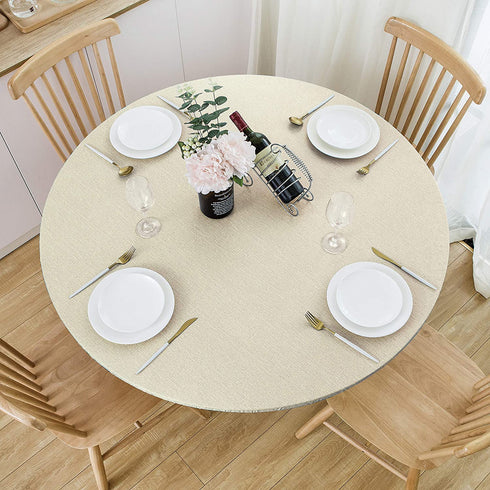 NLMUVW Round Fitted Vinyl Tablecloth with Elastic Edge 100% Waterproof Oil Proof PVC Table Cloth Wipe Clean Table Cover for Indoor and Outdoor, Champagne, 45"- 56"