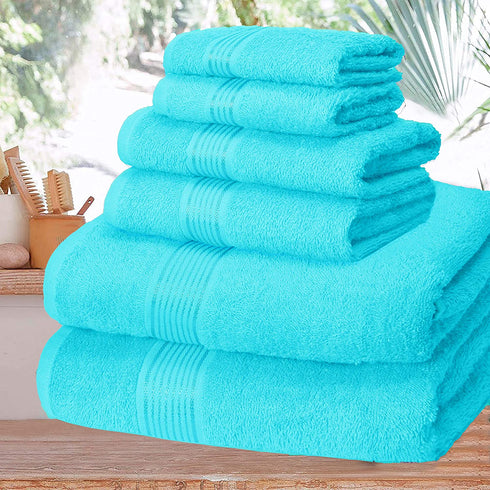 Elvana Home Ultra Soft 6 Pack Cotton Towel Set, Contains 2 Bath Towels 28x55 inch, 2 Hand Towels 16x24 inch & 2 Wash Coths 12x12 inch, Ideal for Everyday use, Compact & Lightweight - Turquoise Blue