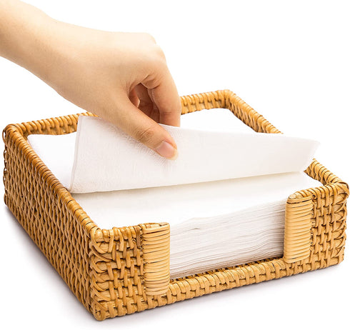 Rattan Baskets for Napkins 7.5" x 7.5" x 2.5" Dinner Napkin Holder for Table Party Square Wicker Basket for Papers Napkin Tray for Kitchen Counter Top