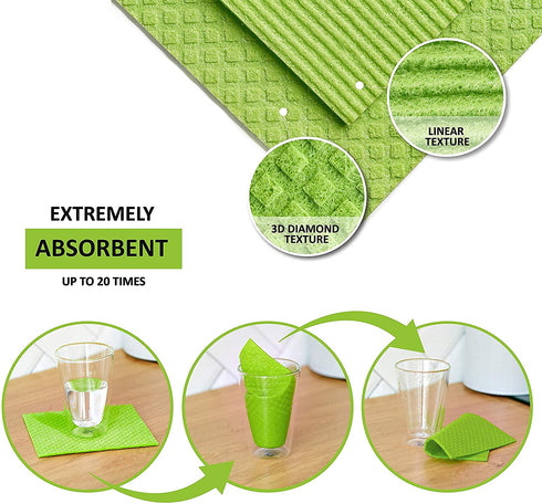 DOMI Super Absorbent Sponge Cloth Eco-Friendly Dishcloth for Kitchen 20x More Absorption 10Pcs Household Cleaning Cloths Reusable Cellulose Sponge Rags (Green)