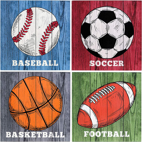 EXCELLO GLOBAL PRODUCTS 4 Pack of 12x12 Wall Hanging Sports Signs