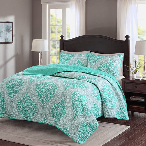 Comfort Spaces Coco 2 Piece Quilt Coverlet Bedspread Ultra Soft Printed Damask Pattern Hypoallergenic Bedding Set, Twin/Twin XL, Teal - Grey