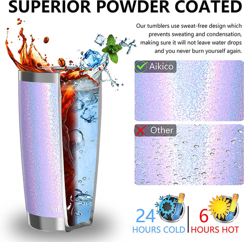 Aikico 20oz Tumbler with Lids, Vacuum Insulated Double Wall Travel Tumbler, Insulated Coffee Mug with Straws, Stainless Steel Tumbler Mug for Cold Drink and Hot Tea, Rainbow Lavender Purple