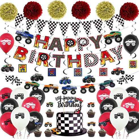 54 Pcs Monster Truck Birthday Supplies - Happy Birthday Banner Monster Truck Banner Checkered Triangle Bunting Flags, Pom Poms Flower, Hanging Swirls Truck Shape, Multicolor Balloons with Truck