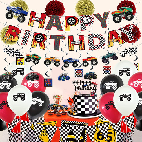 54 Pcs Monster Truck Birthday Supplies - Happy Birthday Banner Monster Truck Banner Checkered Triangle Bunting Flags, Pom Poms Flower, Hanging Swirls Truck Shape, Multicolor Balloons with Truck