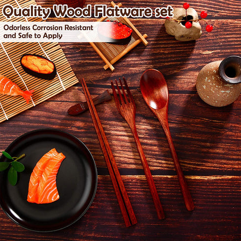 Wooden Flatware Set Natural Wooden Cutlery Set Chopsticks Spoon Fork Set Long Handle Utensils Set Reusable Japanese Style Tableware Set for Kitchen, Home, Camping, Picnic (18)
