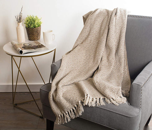 DII Rustic Farmhouse Cotton Diamond Blanket Throw with Fringe for Chair, Couch, Picnic, Camping, Beach, & Everyday Use, 50 x 60 - Double Diamond Stone