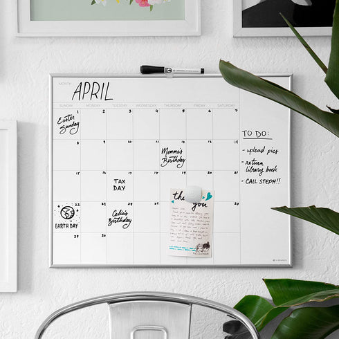 U Brands Magnetic Monthly Calendar Dry Erase Board, 16 x 20 Inches, Silver Aluminum Frame, Magnet and Marker Included (361U00-01),Silver Frame