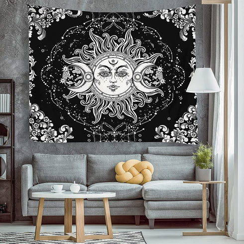 HYPREST Black and White Tapestry for Bedroom, Sun and Moon Tapestry, Burning Sun with Stars Psychedelic Tapestry Indie Wall Tapestry for Living Room Decor With Clips and Hooks (59" x 79"inches)