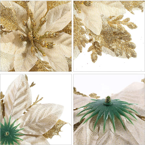 jojofuny 12Pcs Christmas Glitter Poinsettia Flowers, Christmas Tree Flower Decorations Artificial Flowers with Stems and Clips for Wedding Party Wreath (Golden)