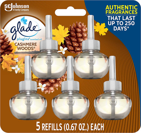 Glade PlugIns Refills Air Freshener, Scented and Essential Oils for Home and Bathroom, Cashmere Woods, 3.35 Fl Oz, 5 Count