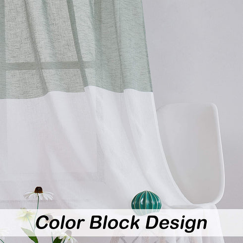 Central Park Sage Green White Stripe Sheer Color Block Window Curtain Panel Pairs Linen Drape Treatment for Bedroom Living Room Farmhouse 95 inches Long with Rod Pocket,2 Panel Rustic Living Panels