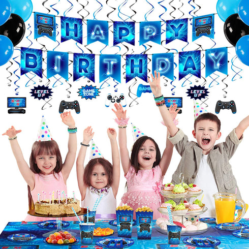 Decorlife Gamer Birthday Decorations, Video Game Birthday Party Decorations for Boys, 24PCS Wristbands, Foil Curtains, Photo Booth Props Included, Blue, Total 99PCS