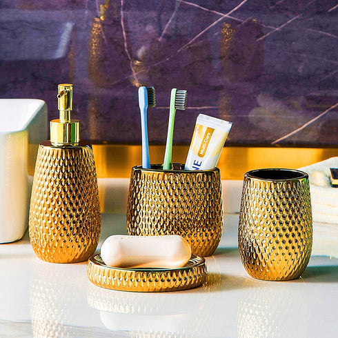 Gold Bathroom Accessory Set 4 Piece Ceramic Bath Accessories Sets Complete, Rain- Drop Shaped Bathroom Essential with Toothbrush Holder & Dish, Tumbler,Soap Dispenser Set for Bath Decor