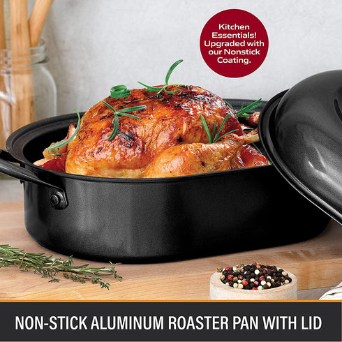 Granite Stone Oval Roaster Pan, Small 16 Ultra Nonstick Roasting Pan with Lid, Grooved Bottom for Basting, Broiler Pan for Oven, Dishwasher Safe, Up to 7lb Poultry / Roast, Serves 1- 5, PFOA Free