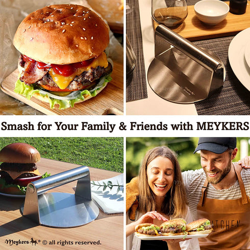Meykers Burger Smasher 6.3" Smash Press Hamburger & 100 Patty Paper | for Griddle Grill Pan Skillet | Weight Gain Flat Presser Smashburger Maker 304 Stainless Steel | Meat Bacon Sandwich Tool Kit