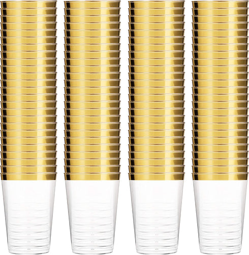 100 Gold Plastic Cups 10 Oz Clear Plastic Cups Tumblers Gold Rimmed Cups Fancy Disposable Wedding Cups Elegant Party Cups with Gold Rim
