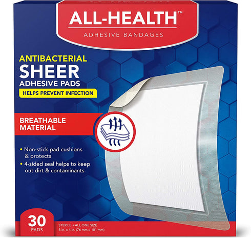 All Health Antibacterial Sheer Adhesive Pad Bandages, 3 in x 4 in, 30 ct | Helps Prevent Infection, Extra Large Comfortable Protection for First Aid and Wound Care