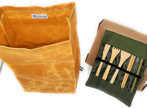 USA owned ECO/EGO Eco-Friendly Lunch Set/ 1 heavy duty and waterproof waxed canvas lunch bag/ 1 bamboo cutlery set (1 knife,1 fork,1 spoon,2 chopsticks,1 straw,1 cleaning brush,1 travel pouch).