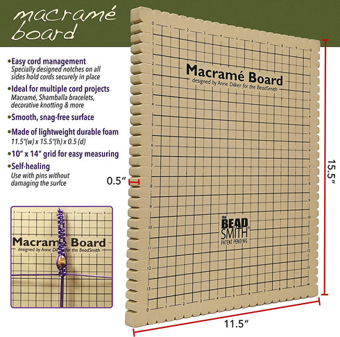 The Beadsmith Macrame Board, 11.5 x 15.5 inches, 0.5-inch-Thick Foam, 10x14" Grid for Measuring, Bracelet Project with Instructions Included, Create Macrame and Knotting Creations