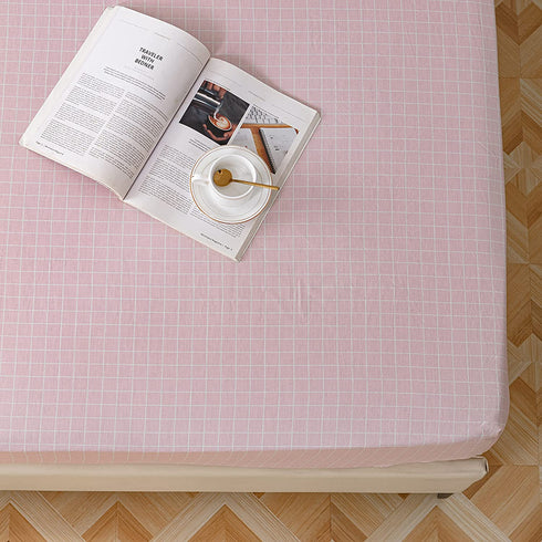 AOJIM Pure Cotton Printing Fitted Sheet Twin Size 39"x75" with 15" Deep Pocket Design Pink Grids Mattress Cover for Kids/Adults / Only One Piece