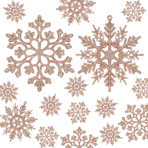 Blulu 50 Pieces Plastic Snowflake Ornaments Glitter Snowflake Christmas Tree Hanging Decorations with 50 Pieces Hooks for Winter Home Wonderland Decor Xmas Party Favors Supplies (Rose Gold)