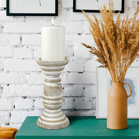 Stonebriar Decorative Worn White Wooden Pillar Candle Holder, Coastal Home Decor, Ocean Inspired Designs for Wedding Decorations, Parties, or Everyday Home, Large