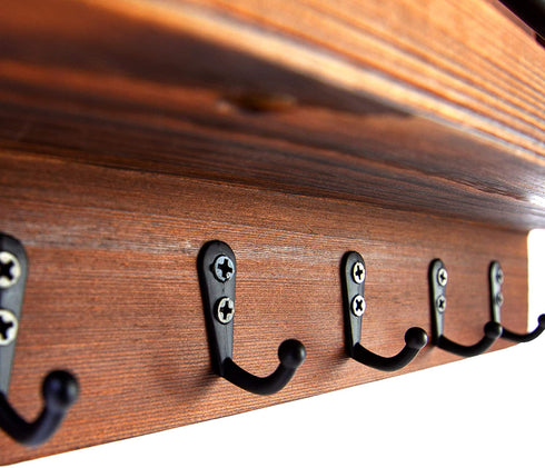 Ripple Creek Key Holder for Wall and Mail Shelf, Decorative Wooden Wall Rack for Keys, Letters, Bills - Pine Wood Unique and Industrial Decor, Perfect for Entryway, Kitchen (Brown, Large)