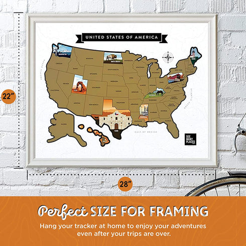 See Many Places Scratch Off Map of the United States - 28x22in Frameable Poster-Travel Map with Custom State Pictures & Gold Foiling, White
