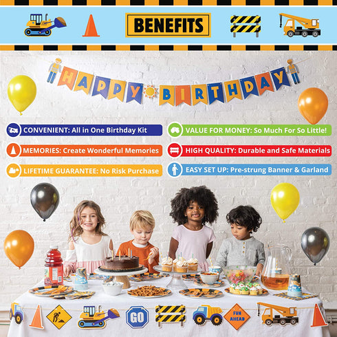 Whoobli Construction Birthday Party Supplies (Serves 16), All in One Truck Construction Party Supplies- Plate, Cups, Spoons, Fork, Napkins. Construction Birthday Decorations for Boys