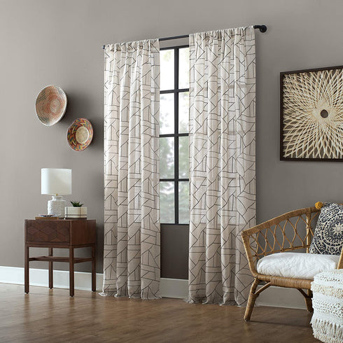 Archaeo Fragmented Geometric Embroidery Mid-Century Modern Natural Blend Curtain, 50 in x 84 in Panel, Gray/Linen