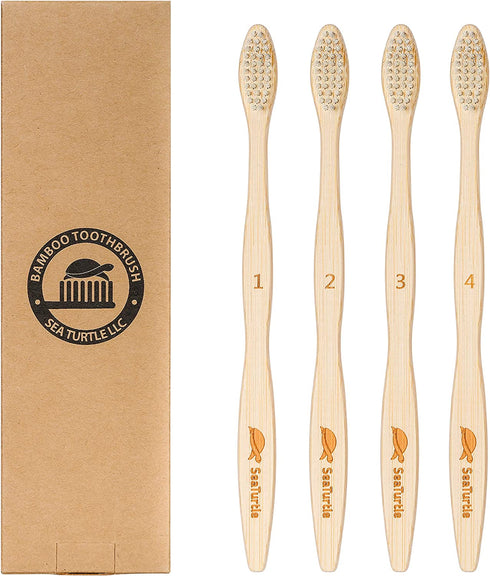 SeaTurtle Plant-Based Bristles Bamboo Toothbrush - Pack of 4 - Soft Natural Bristle for Sensitive Gums - Recyclable Biodegradable Zero Waste Eco-Friendly Sustainable Products