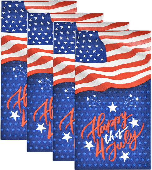 100 Happy 4th of July Patriotic Guest Napkins 3 Ply Disposable Paper Pack Elegant Holiday American Flag Dinner Hand Towel Napkin Red Blue White Star & Stripes Celebrate Banquet Party Decorative Towels