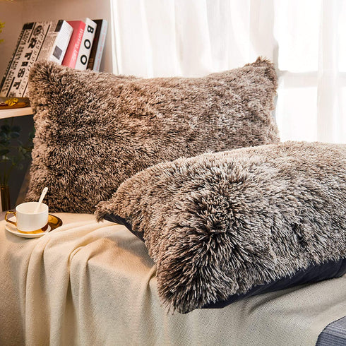 JAUXIO Faux Fur Decorative Throw Pillow Shams 2 Pack Luxury Shaggy Pillowcases Crystal Velvet Reverse King Size (Dark Grey Ombre, 20 X 36 Inches)