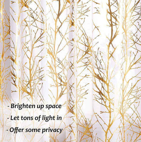FMFUNCTEX Gold White Tree Sheer Curtains 45" Length Foil Branch Tree Curtain Panels for Living Room Bedroom Light Filtering Curtain Panels for Small Windows Rod Pocket 2 Panels