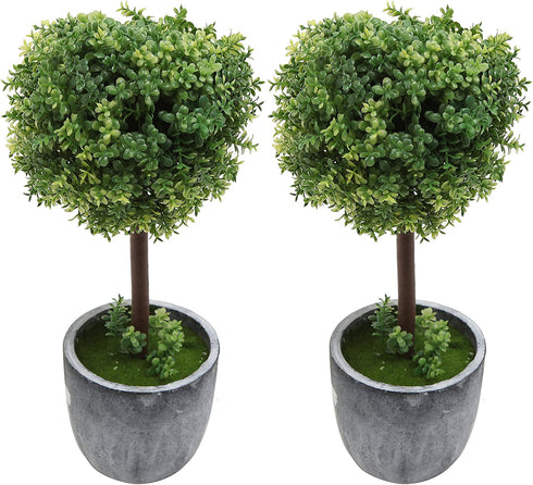 MyGift Artificial Boxwood Topiary Trees, Fake Plants Decor - 12 Inch Faux Tabletop Decorative Small House Plant with Gray Ceramic Pots, Set of 2