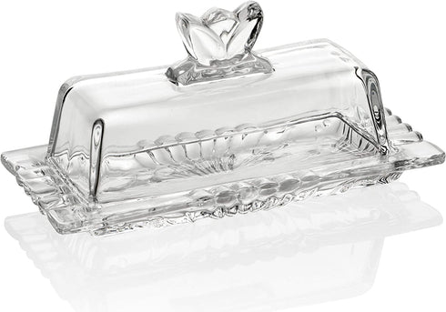 Bezrat Glass Butter Dish | Premium Butter Dish with Lid and Easy Grip Handle | Easy to Use and 100% Food Safe - Dishwasher Safe | Flower Addition