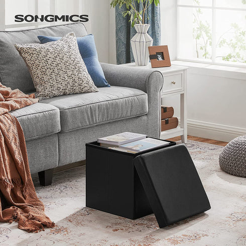 SONGMICS ULSF101 Storage Ottoman Cube/Footrest Stool/Coffee Table/Puppy Step, Holds Up to 660 lb., Faux Leather, 15", Black