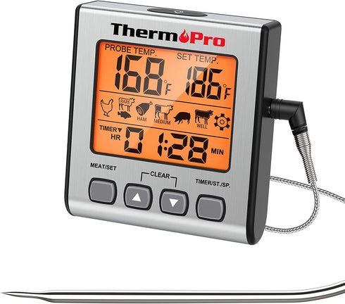 ThermoPro TP16S Digital Meat Thermometer for Cooking and Grilling, BBQ Food Thermometer with Backlight and Kitchen Timer, Grill Temperature Probe Thermometer for Smoker, Barbecue, Oven, Baking,Oil