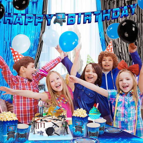 DECORLIFE Video Game Party Supplies Serves 24, Complete Gamer Party Supplies Includes Tablecloth, Popcorn Boxes, Blue, Total 200pcs for Boys Birthday
