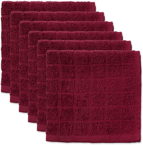 DII Basic Terry Collection Solid Windowpane Dishcloth Set, 12x12, Wine, 6 Piece