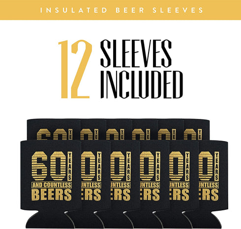 60th Birthday Decor and Party Favors, Beverage Sleeves Gift for Dad's 60th Birthday Party, Decorations and Party Supply, 60s Birthday Decorations for Men, 12-Pack, Black & Gold